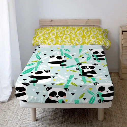 Set beddengoed HappyFriday Moshi Moshi Panda garden blue Blauw Bed van 105 2 Onderdelen Foto 2