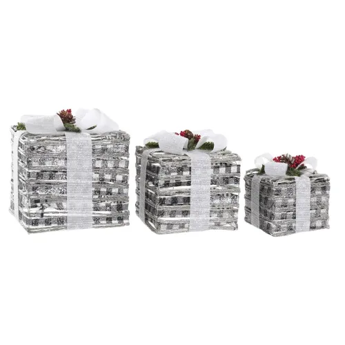 Set decoratieve dozen DKD Home Decor LED Wit Rood Groen Zilverkleurig Metaal Besneeuwd 25 x 25 x 29 cm (3 Onderdelen) Foto 1